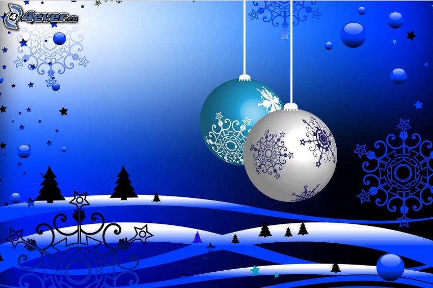 karácsonyi gömbdíszek, hópelyhek, fák, kék háttér