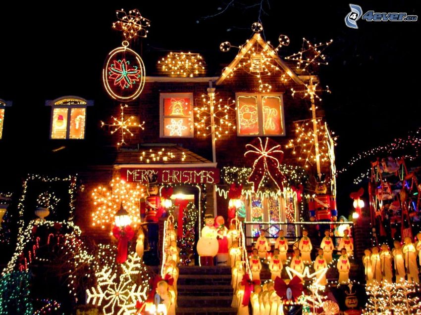kivilágított ház, fények, Merry Christmas, éjszaka