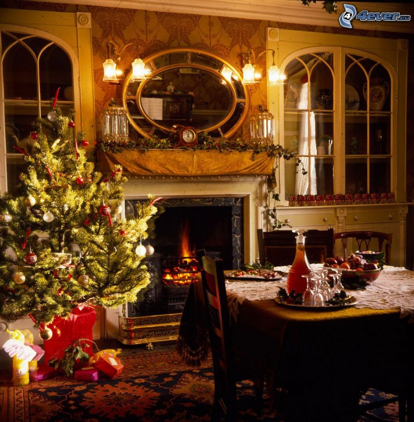 nappali, kandalló, karácsonyfa, asztal