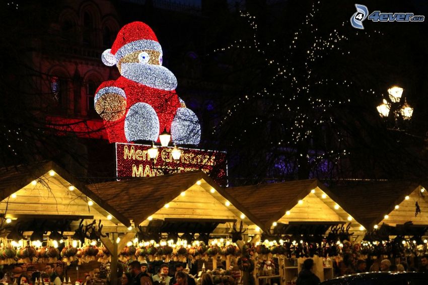 piac, Merry Christmas, éjszaka, Santa Claus, fények