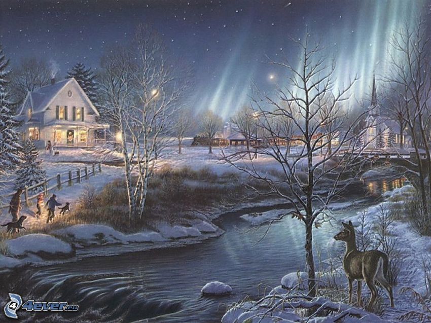 rajzolt falu, karácsony, tél, hó, patak, őzsuta, fák, sarki fény, Thomas Kinkade