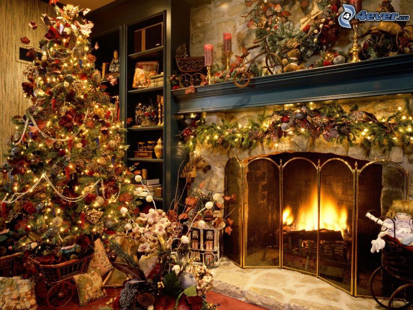 szoba karácsonyi díszítéssel, kandalló, karácsonyfa