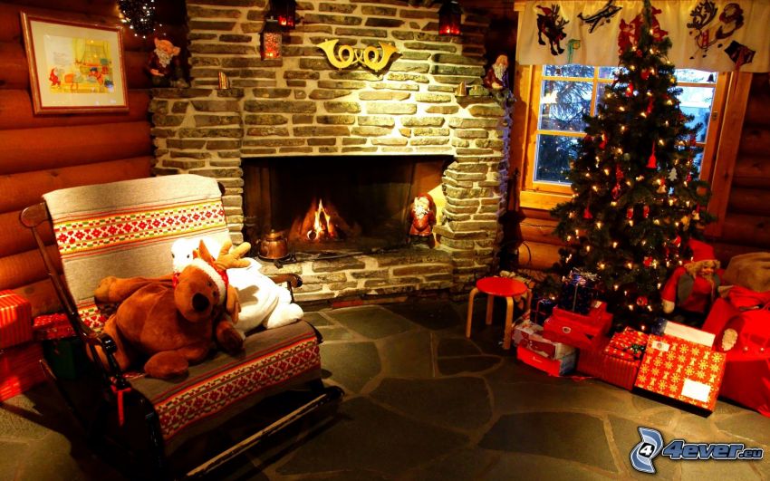 szoba karácsonyi díszítéssel, karácsonyfa, ajándékok, kandalló, kényelem