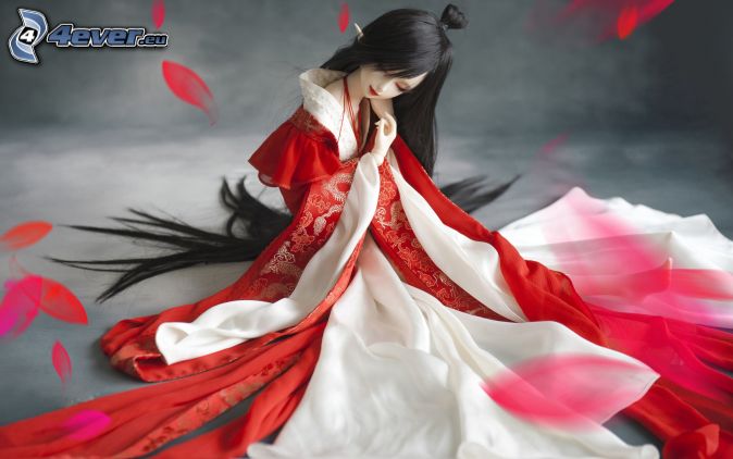 animacyjna dziewczyna, czerwona sukienka, płatki róż