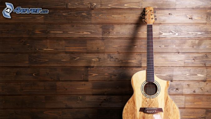 gitara, drewniana ściana