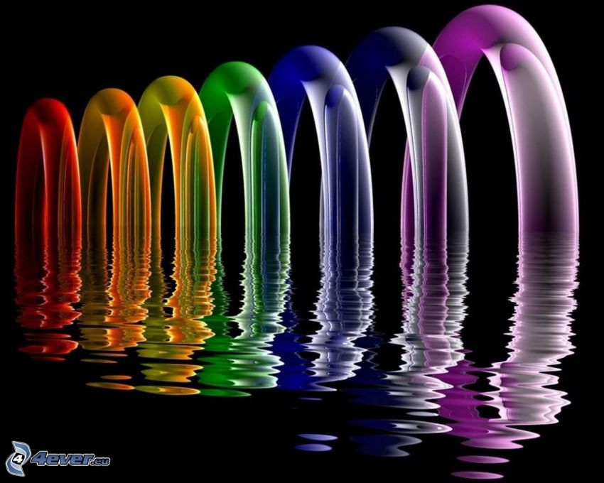 kolorowe pierścienie, kolory tęczy, 3D, woda, odbicie
