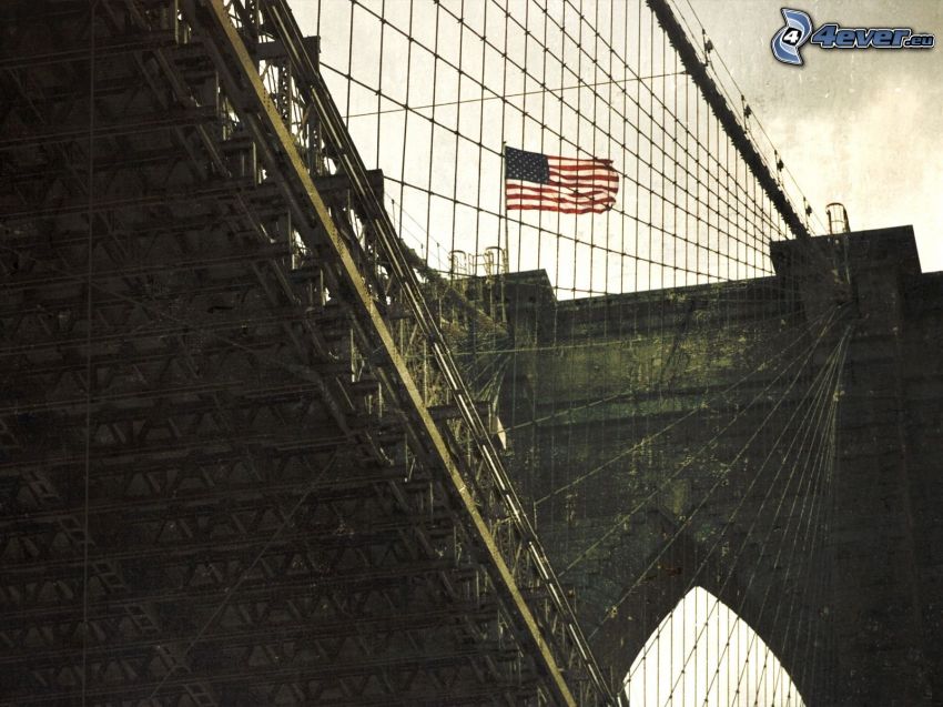 Brooklyn Bridge, New York, USA, flaga Ameryki