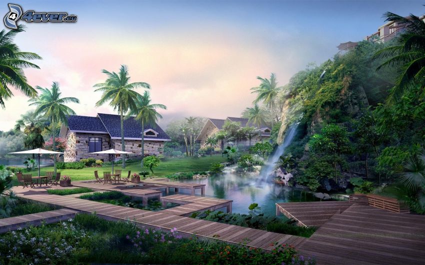 dom, drewniane molo, wodospad, palmy, drzewa, jeziorko