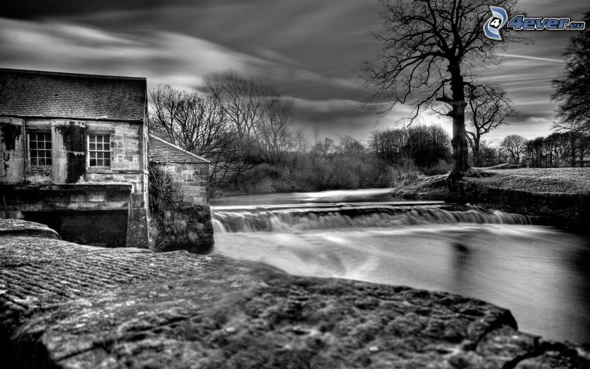 dom, rzeka, czarno-białe zdjęcie
