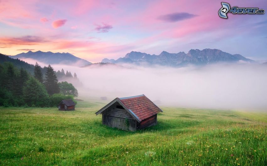 domek, łąka, przyziemna mgła, wzgórza, wschód słońca