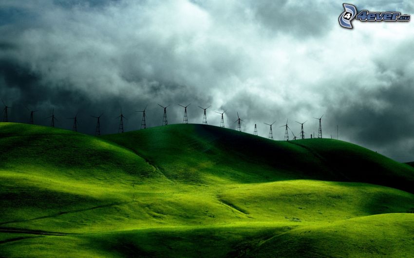 elektrownia wiatrowa, wzgórza, chmury