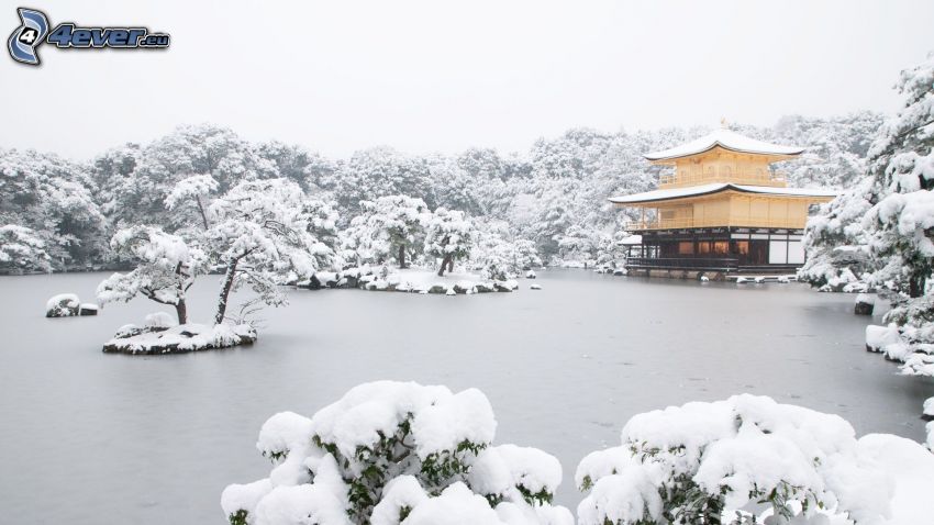 chińska pagoda, zima, zamarznięte jezioro
