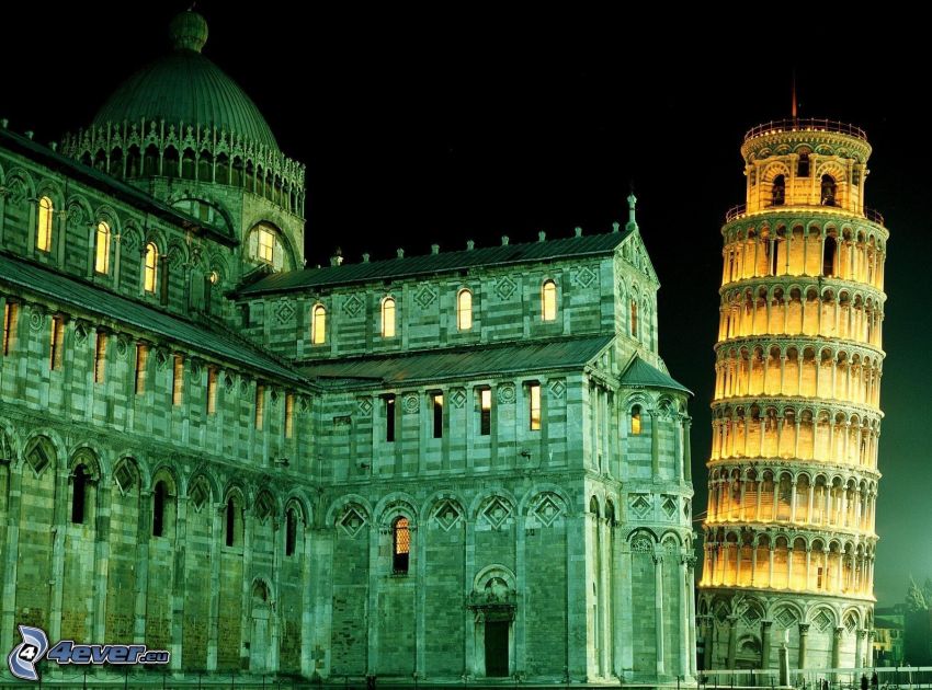 Krzywa Wieża w Pizie, katedra, Włochy, noc, oświetlenie