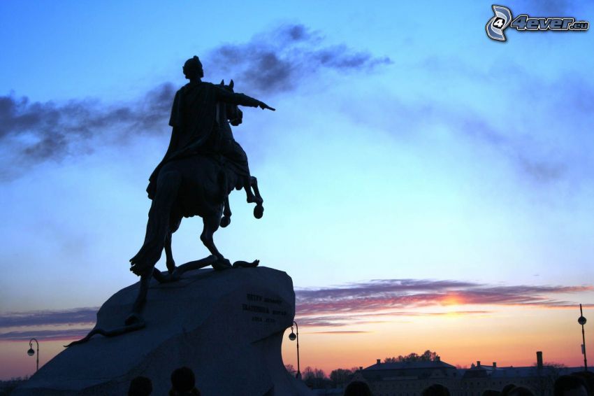 posąg, zachód słońca, Petersburg