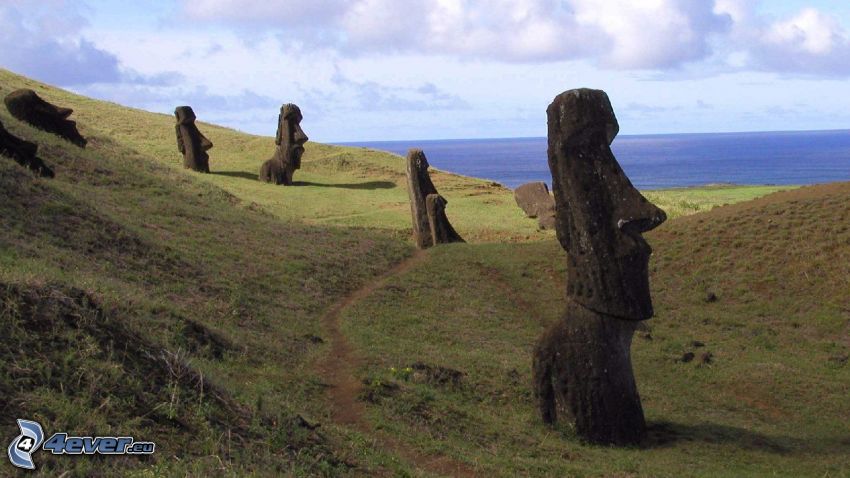 posągi Moai, morze, wyspy wielkanocne