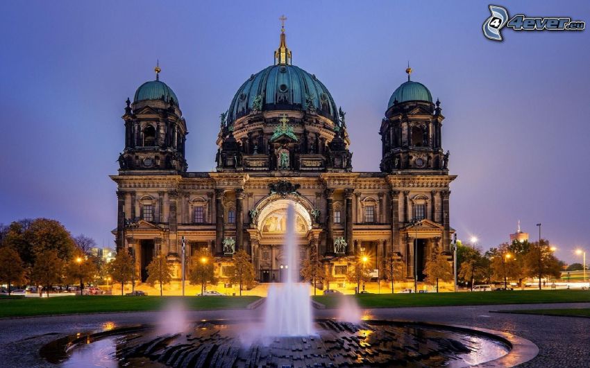 synagoga, Berlin, Niemcy, fontanna, oświetlenie