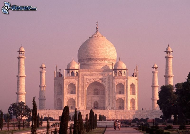 Taj Mahal, drzewa, fioletowe niebo