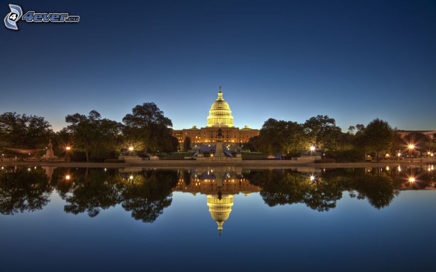 The Capitol, Washington DC, USA, wieczór, woda, odbicie, HDR