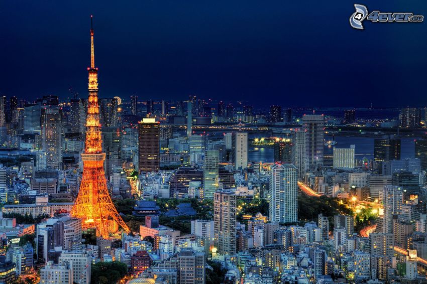 Tokyo Tower, Tokio, widok na miasto, wieczór