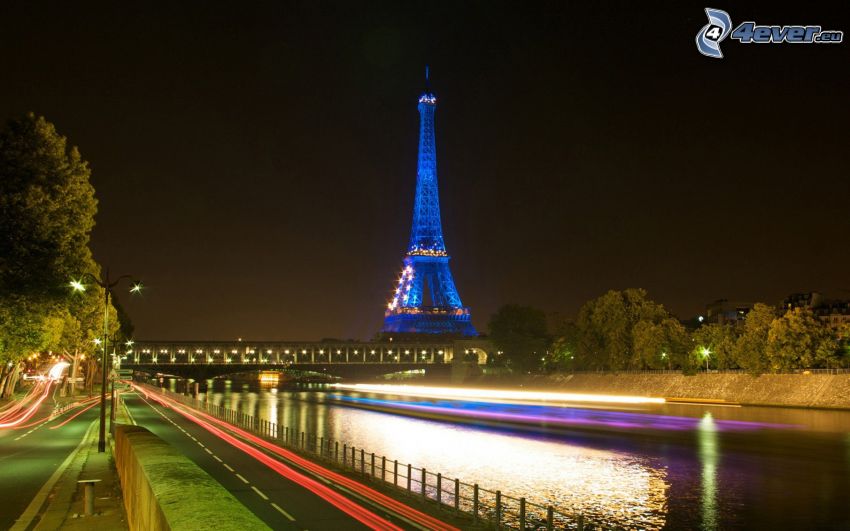 Wieża Eiffla w nocy, Paryż, Francja, ulica, Seine