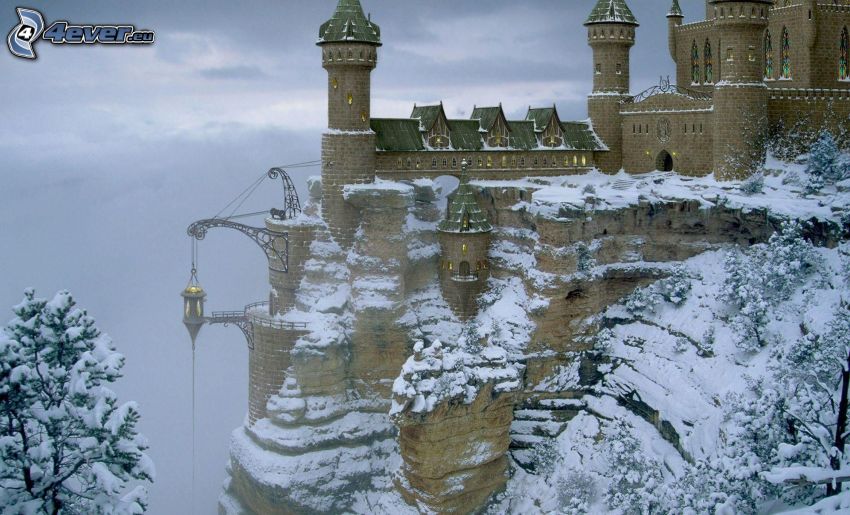 zamek, zaśnieżony szczyt, zaśnieżone drzewo