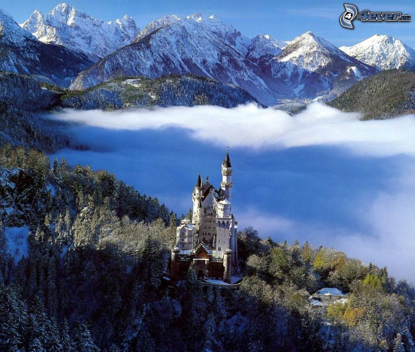 zamek Neuschwanstein, Niemcy, chmury, zamek, inwersja, zima, zaśnieżone góry