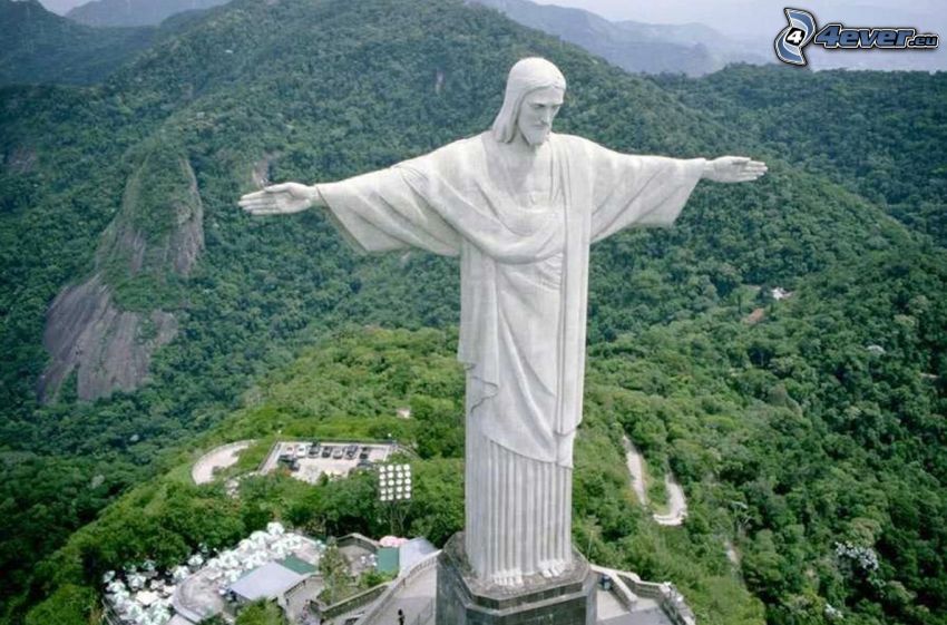 Jezus w Rio de Janiero, posąg, Rio De Janeiro, Brazylia, widok na krajobraz, wzgórza