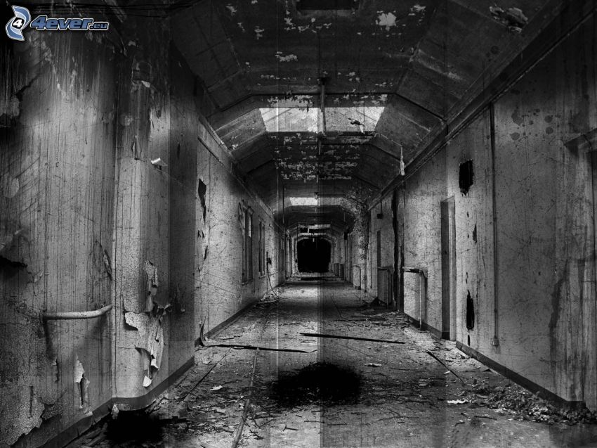 korytarz, stara budowla, czarno-białe zdjęcie
