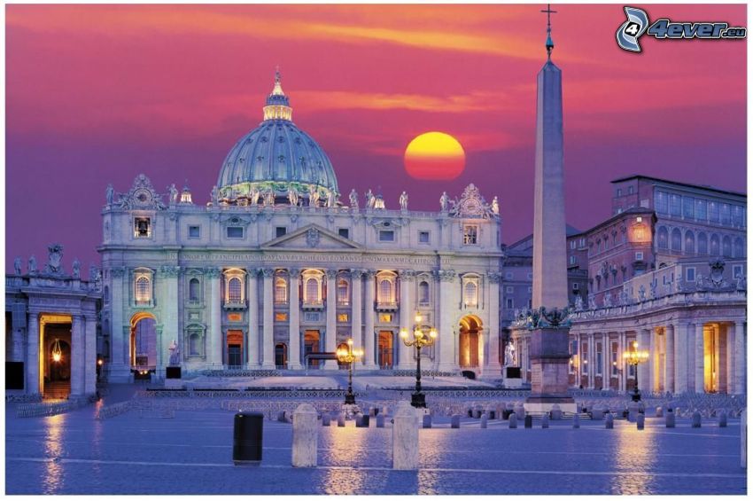 Bazylika św. Piotra, Watykan, Rzym, plac, zachód słońca w mieście