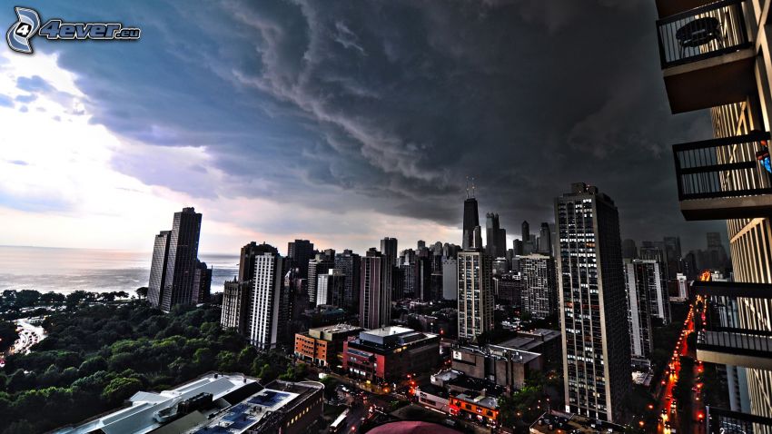 Chicago, wieżowce, ciemne chmury, HDR