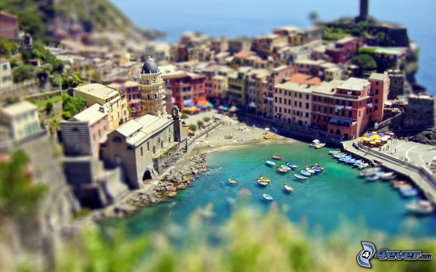 Cinque Terre, Liguria, nadmorskie miasteczko, przystań dla jachtów, morze, diorama