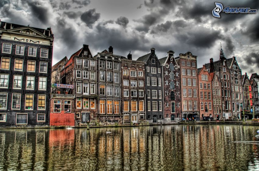 domy, kanał, Amsterdam