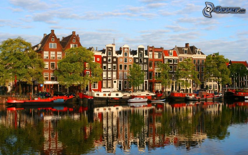 domy, kanał, odbicie, statki, Amsterdam