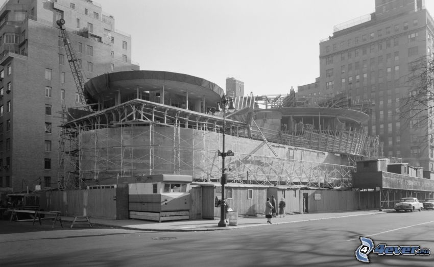 Guggenheim Museum, budowa, czarno-białe zdjęcie