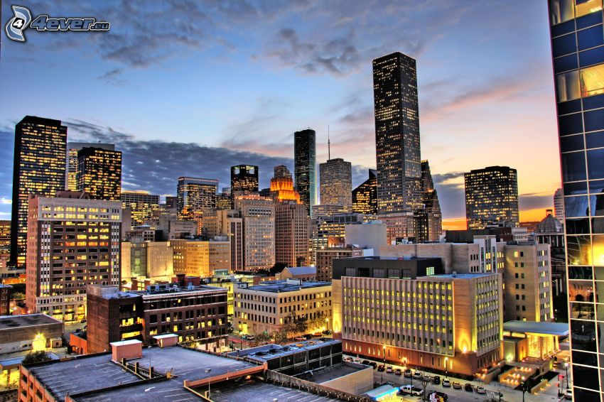 Houston, miasto nocą, wieżowce