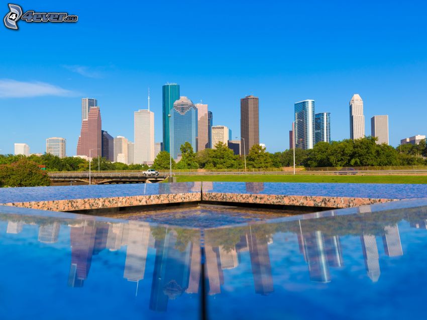Houston, wieżowce, park, fontanna