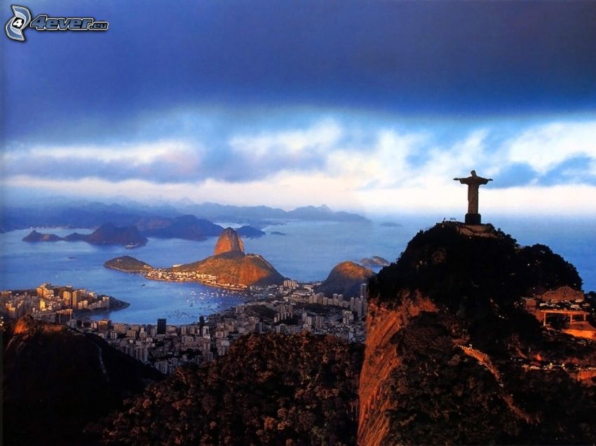Jezus w Rio de Janiero, Rio De Janeiro, morze, niebo, widok na miasto
