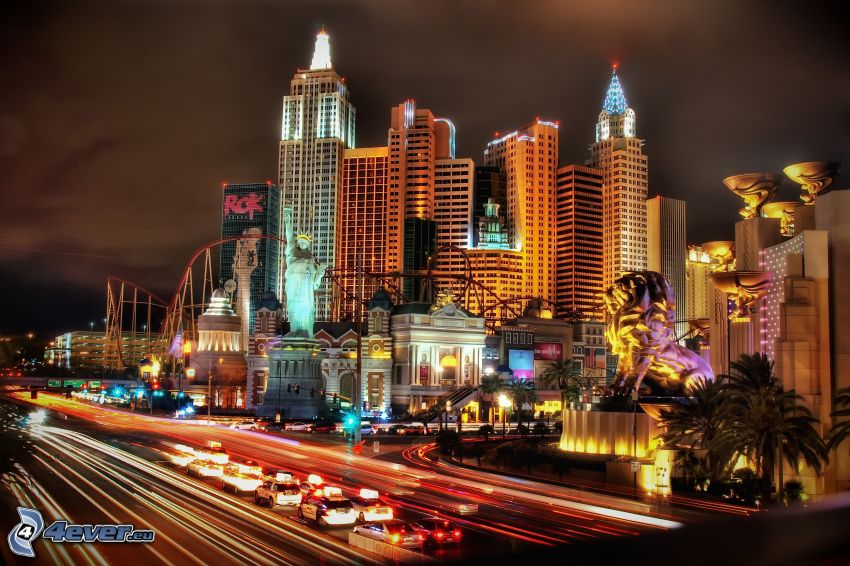 Las Vegas, miasto nocą, autostrada nocą, transport, korek uliczny