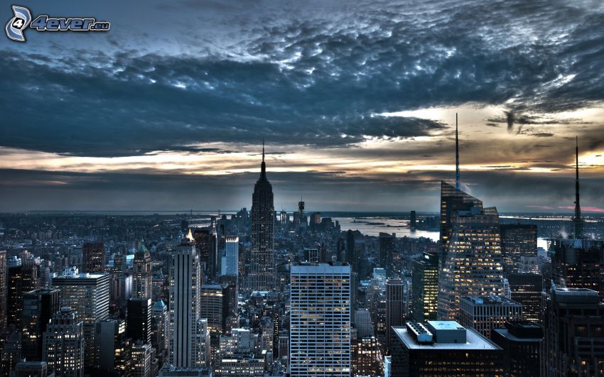 Manhattan, Empire State Building, miasto wieczorem, niebo