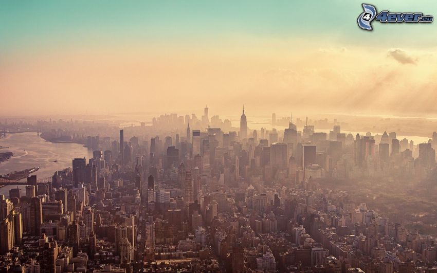 Manhattan, wieżowce, mgła, New York