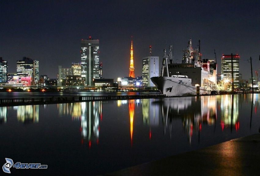 miasto nocą, Tokio, port, frachtowiec, Tokyo Tower