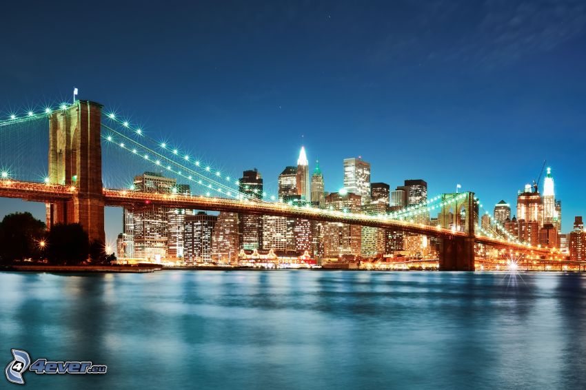 New York, miasto wieczorem, Brooklyn Bridge