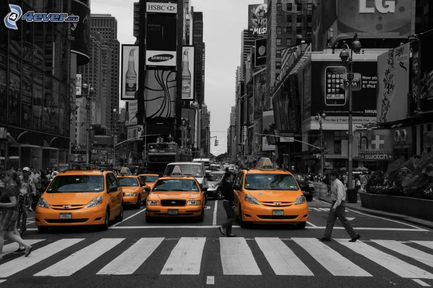 New York, taxi, przejście, ludzie, ulica