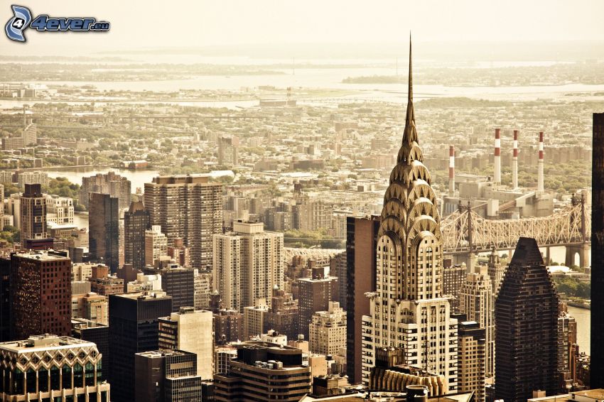 New York, widok na miasto, Chrysler Building, wieżowce, sepia