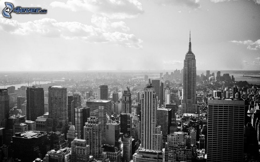 New York, wieżowce, czarno-białe
