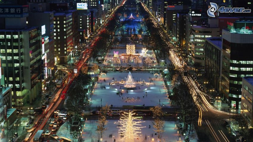 Odori Park, Sapporo, miasto nocą, ulica