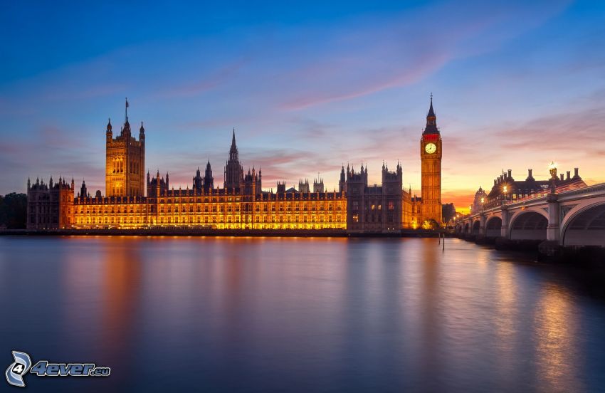 Pałac Westminsterski, Big Ben, Anglia, wieczór