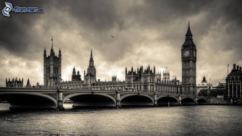 Pałac Westminsterski, Londyn, Big Ben, Brytyjski parlament, Tamiza, most, czarno-białe
