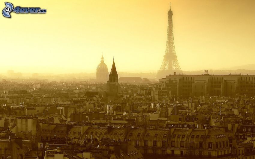Paryż, Wieża Eiffla, L'Hôtel national des Invalides, wschód słońca