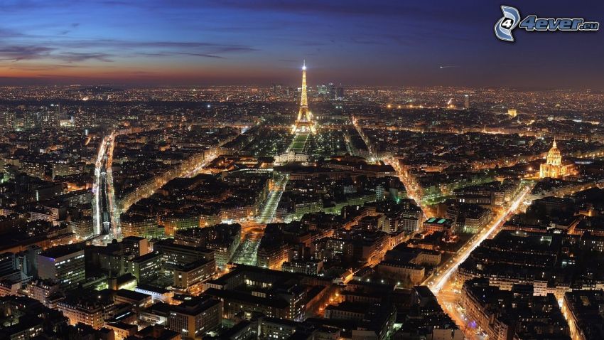 Paryż, Wieża Eiffla w nocy, miasto nocą, L'Hôtel national des Invalides